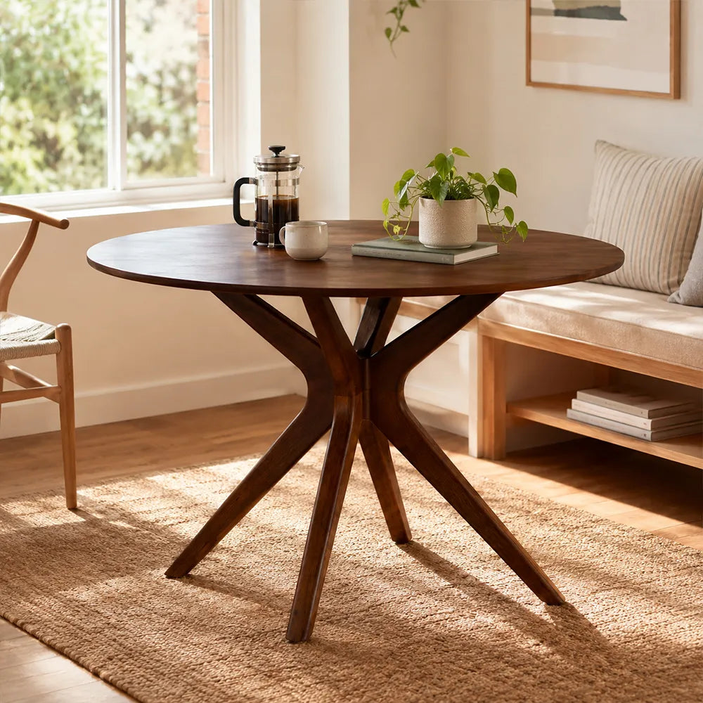 LUXORA Mid Century Round Solid Pine Wood Dining Table Natural Wood Grain Sculptural M-Shaped Pedestal Base 90/100cm for Dining Room Kitchen - Walnut
