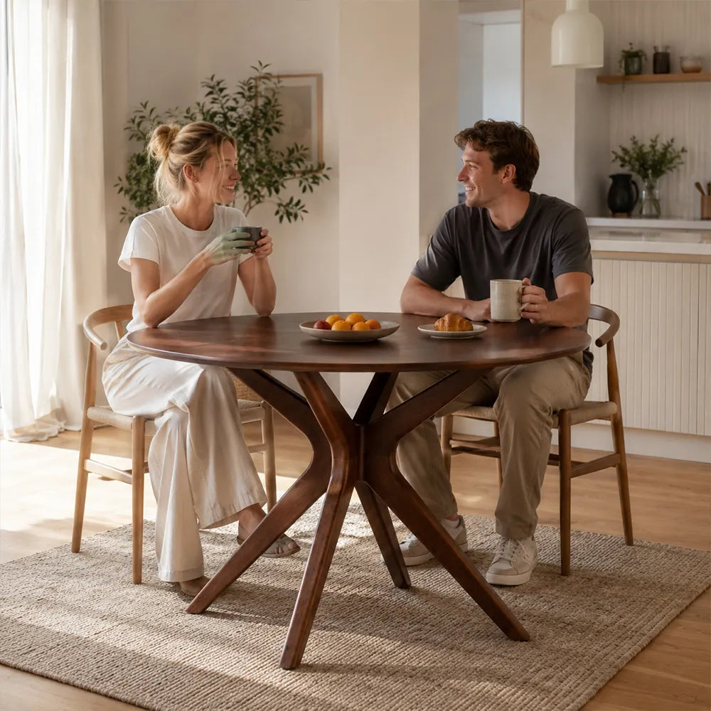 LUXORA Mid Century Round Solid Pine Wood Dining Table Natural Wood Grain Sculptural M-Shaped Pedestal Base 90/100cm for Dining Room Kitchen - Walnut