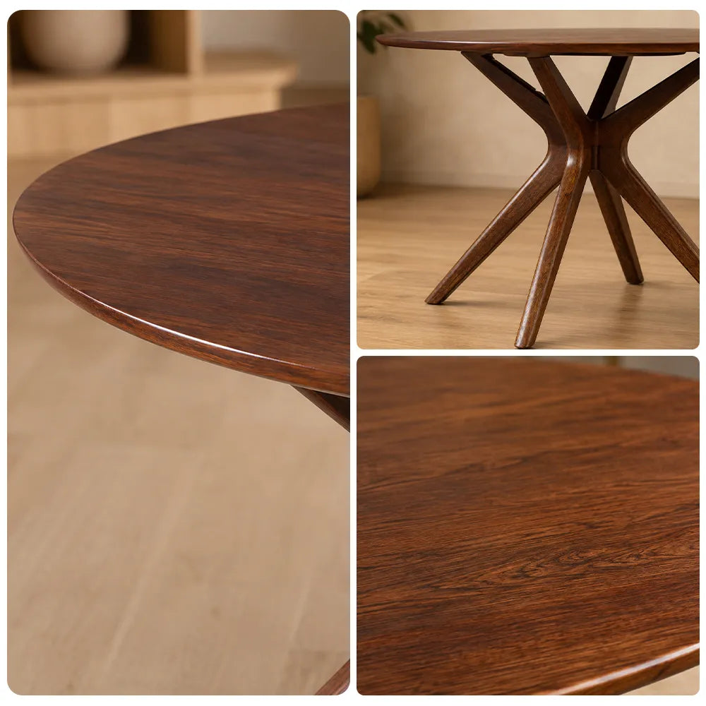 LUXORA Mid Century Round Solid Pine Wood Dining Table Natural Wood Grain Sculptural M-Shaped Pedestal Base 90/100cm for Dining Room Kitchen - Walnut