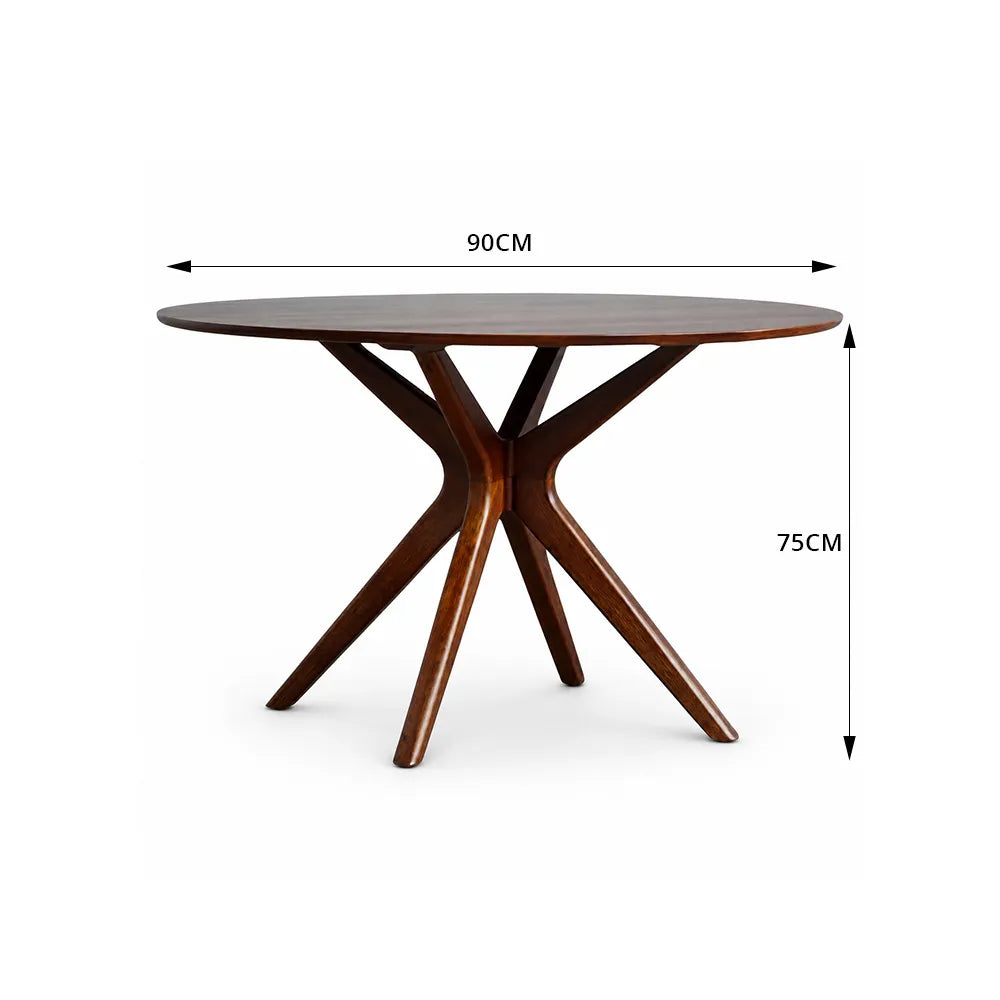 LUXORA Mid Century Round Solid Pine Wood Dining Table Natural Wood Grain Sculptural M-Shaped Pedestal Base 90/100cm for Dining Room Kitchen - Walnut