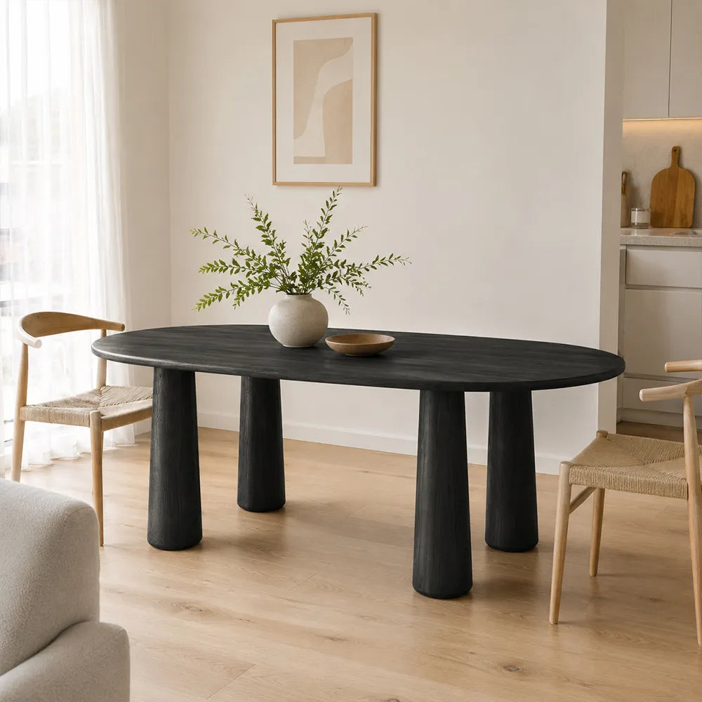 LUXORA Mid Century Rectangular Solid Pine Wood Dining Table Natural Wood Grain Sculptural M-Shaped Pedestal Base 140x70cm for Dining Room - Black