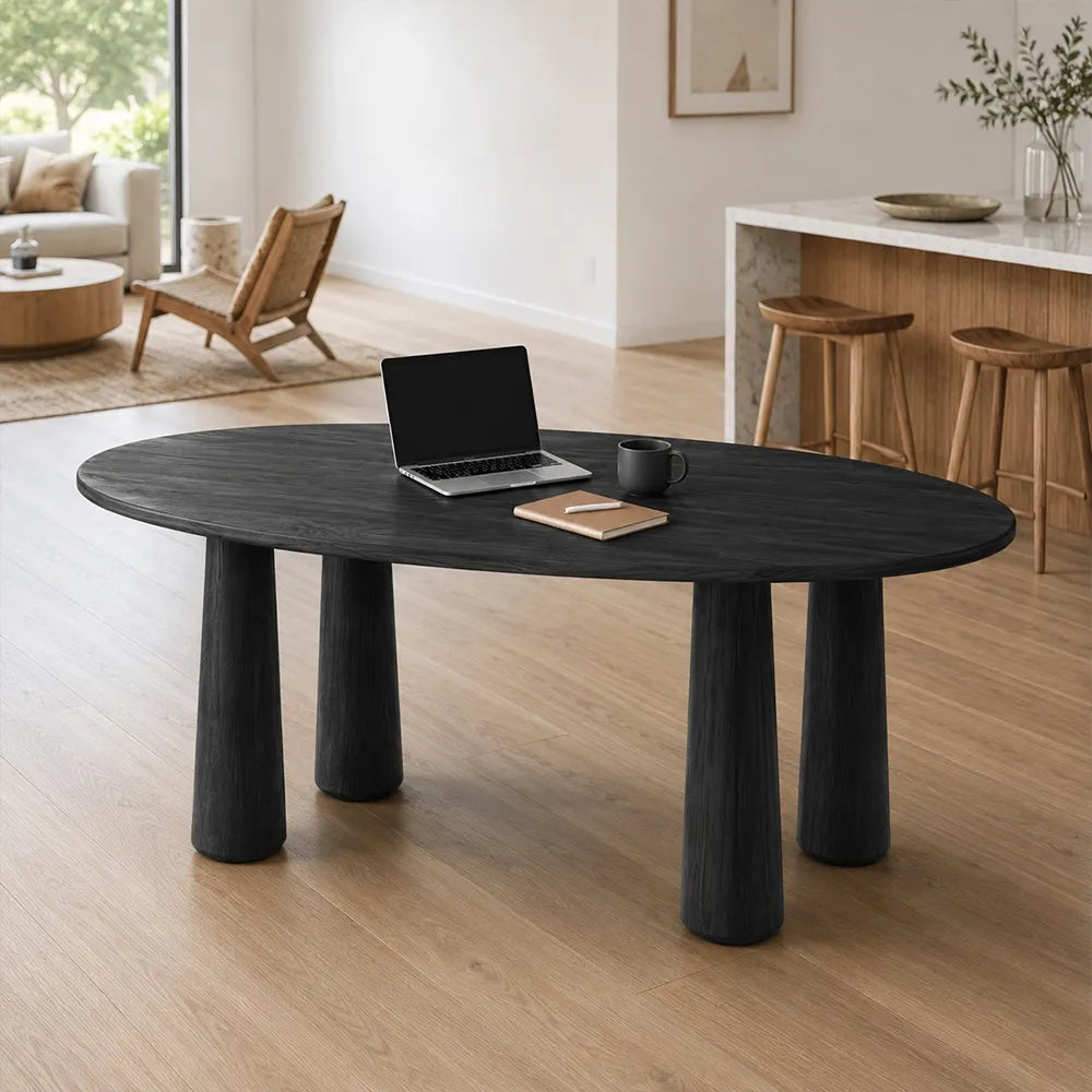 LUXORA Mid Century Rectangular Solid Pine Wood Dining Table Natural Wood Grain Sculptural M-Shaped Pedestal Base 140x70cm for Dining Room - Black