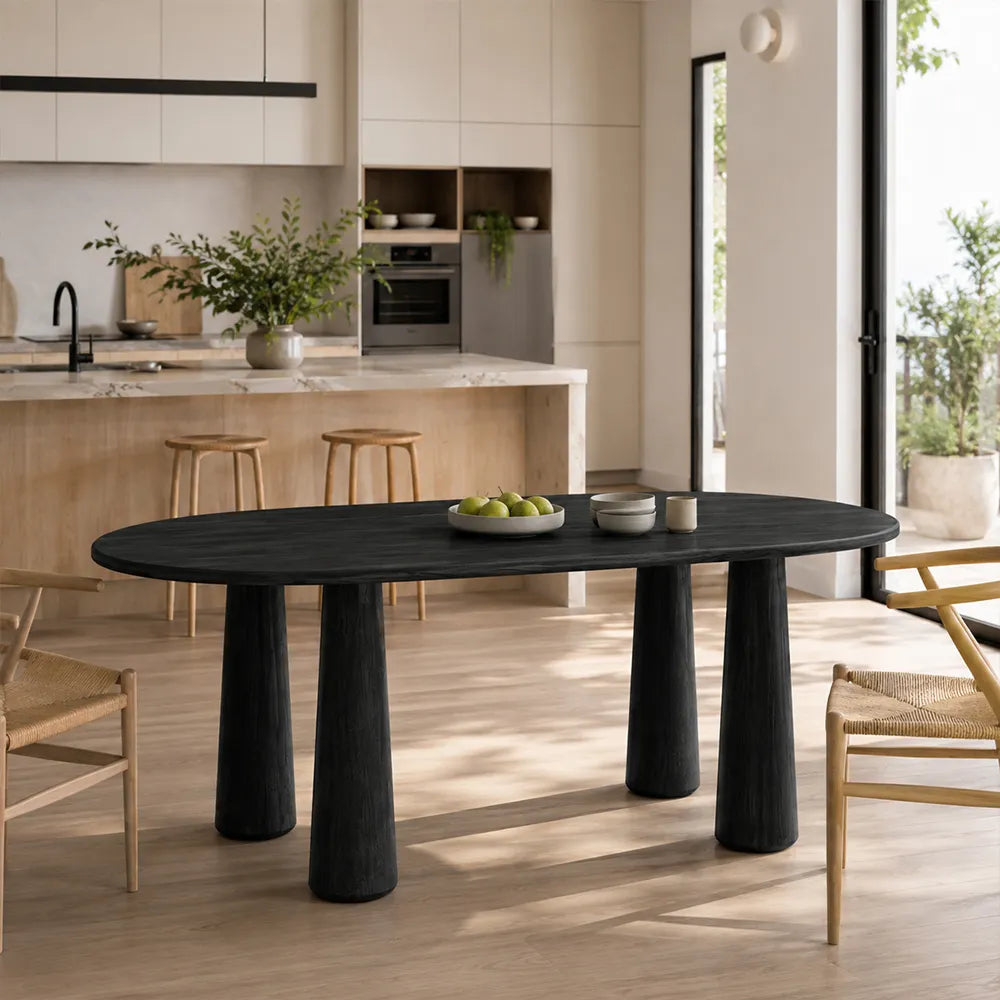 LUXORA Mid Century Rectangular Solid Pine Wood Dining Table Natural Wood Grain Sculptural M-Shaped Pedestal Base 140x70cm for Dining Room - Black