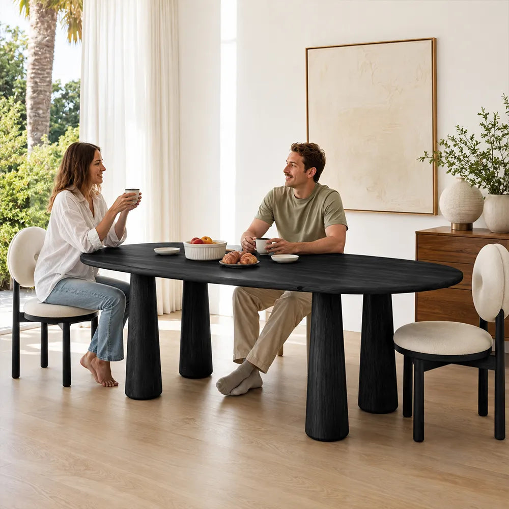 LUXORA Mid Century Rectangular Solid Pine Wood Dining Table Natural Wood Grain Sculptural M-Shaped Pedestal Base 140x70cm for Dining Room - Black