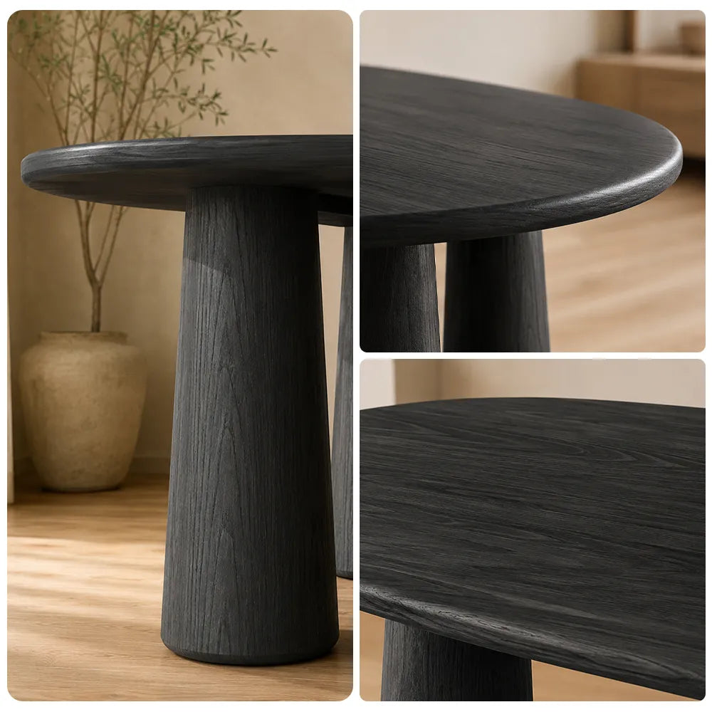 LUXORA Mid Century Rectangular Solid Pine Wood Dining Table Natural Wood Grain Sculptural M-Shaped Pedestal Base 140x70cm for Dining Room - Black