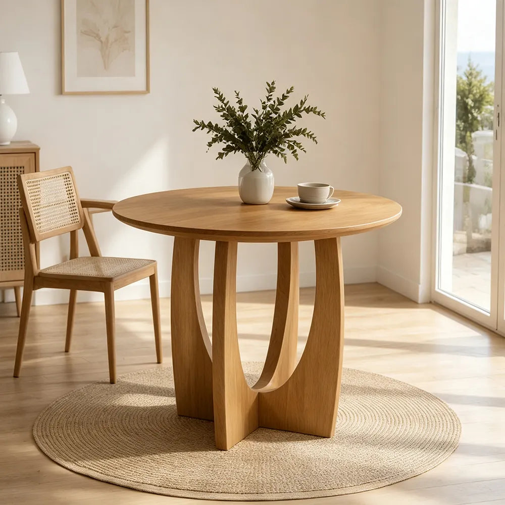 LUXORA Modern Round Solid Pine Wood Dining Table Natural Wood Grain Sculptural Curved Cross Pedestal Base 90/100cm for Dining Room Kitchen - Natural Wood