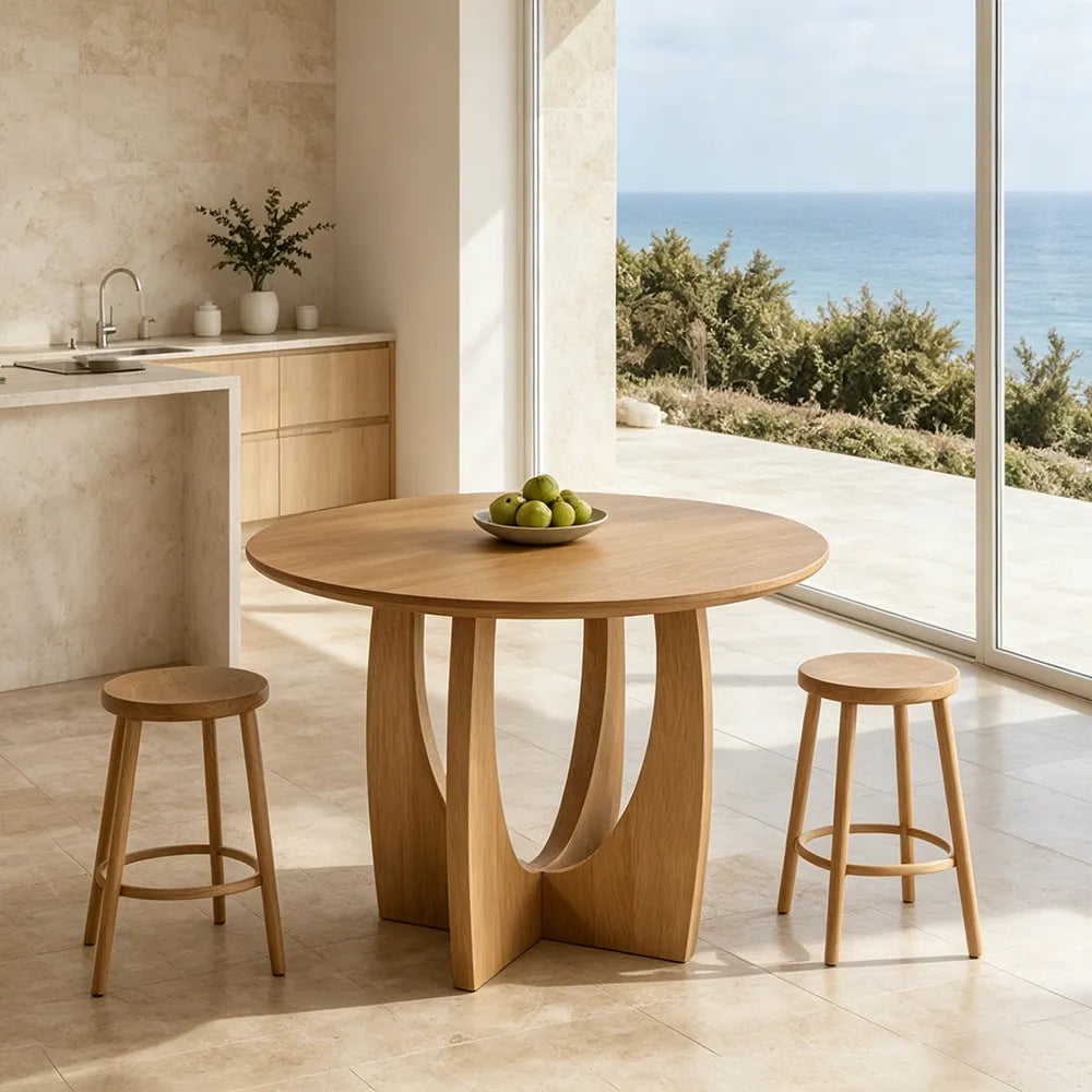 LUXORA Modern Round Solid Pine Wood Dining Table Natural Wood Grain Sculptural Curved Cross Pedestal Base 90/100cm for Dining Room Kitchen - Natural Wood