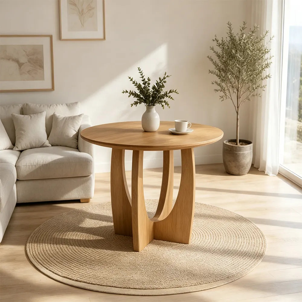 LUXORA Modern Round Solid Pine Wood Dining Table Natural Wood Grain Sculptural Curved Cross Pedestal Base 90/100cm for Dining Room Kitchen - Natural Wood