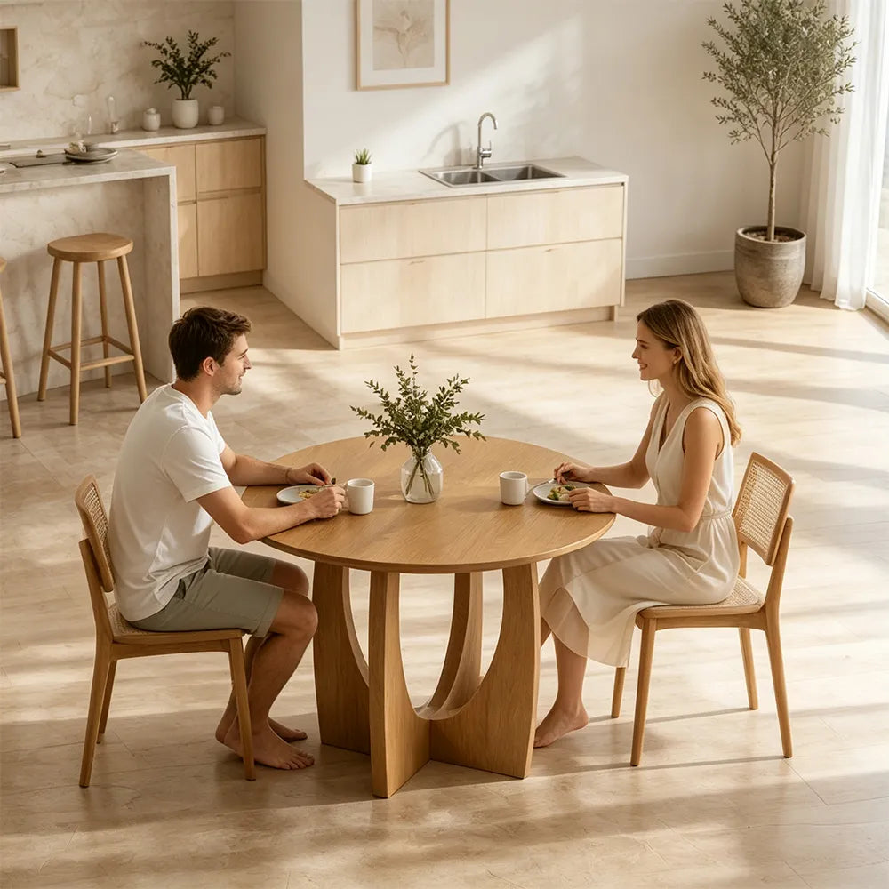 LUXORA Modern Round Solid Pine Wood Dining Table Natural Wood Grain Sculptural Curved Cross Pedestal Base 90/100cm for Dining Room Kitchen - Natural Wood