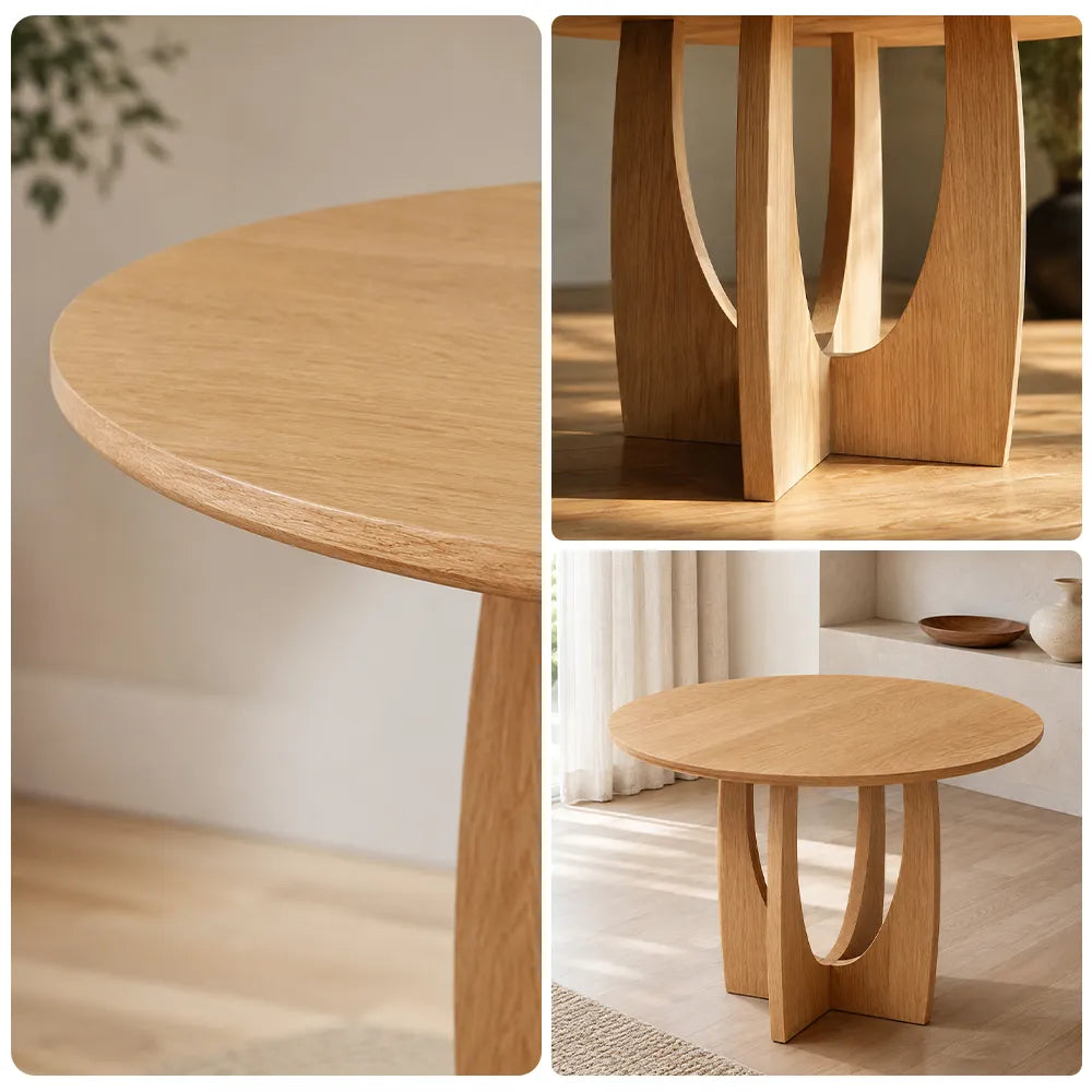 LUXORA Modern Round Solid Pine Wood Dining Table Natural Wood Grain Sculptural Curved Cross Pedestal Base 90/100cm for Dining Room Kitchen - Natural Wood