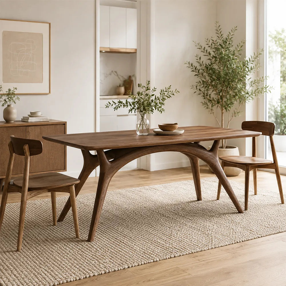 LUXORA Modern Rectangular Solid Ash Wood Dining Table 30mm Thick Top Curved Arch Support Angled Wooden Legs 130/140cm for Dining Room - Walnut