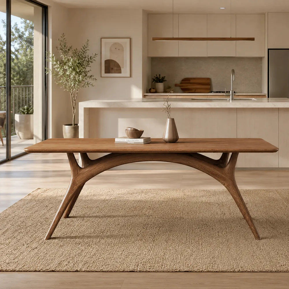 LUXORA Modern Rectangular Solid Ash Wood Dining Table 30mm Thick Top Curved Arch Support Angled Wooden Legs 130/140cm for Dining Room - Walnut