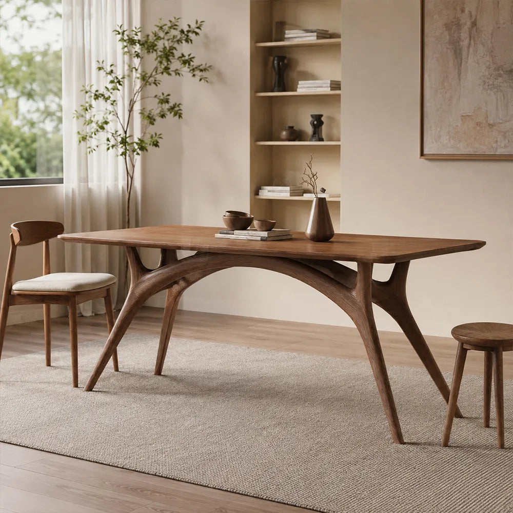LUXORA Modern Rectangular Solid Ash Wood Dining Table 30mm Thick Top Curved Arch Support Angled Wooden Legs 130/140cm for Dining Room - Walnut