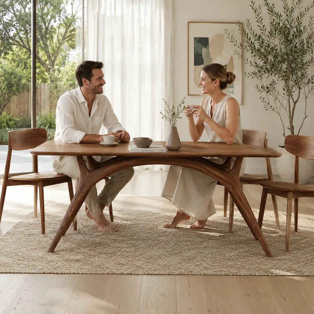 LUXORA Modern Rectangular Solid Ash Wood Dining Table 30mm Thick Top Curved Arch Support Angled Wooden Legs 130/140cm for Dining Room - Walnut