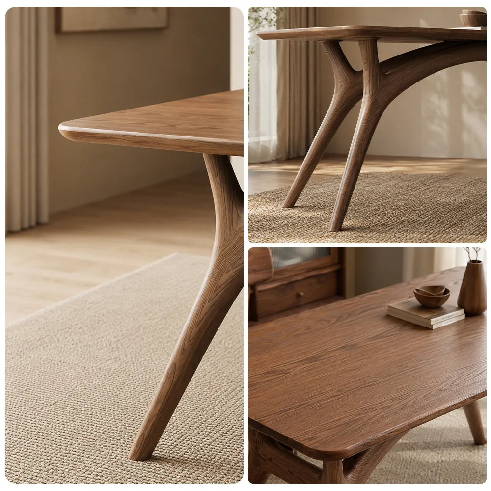 LUXORA Modern Rectangular Solid Ash Wood Dining Table 30mm Thick Top Curved Arch Support Angled Wooden Legs 130/140cm for Dining Room - Walnut