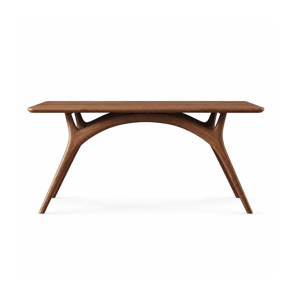 LUXORA Modern Rectangular Solid Ash Wood Dining Table 30mm Thick Top Curved Arch Support Angled Wooden Legs 130/140cm for Dining Room - Walnut