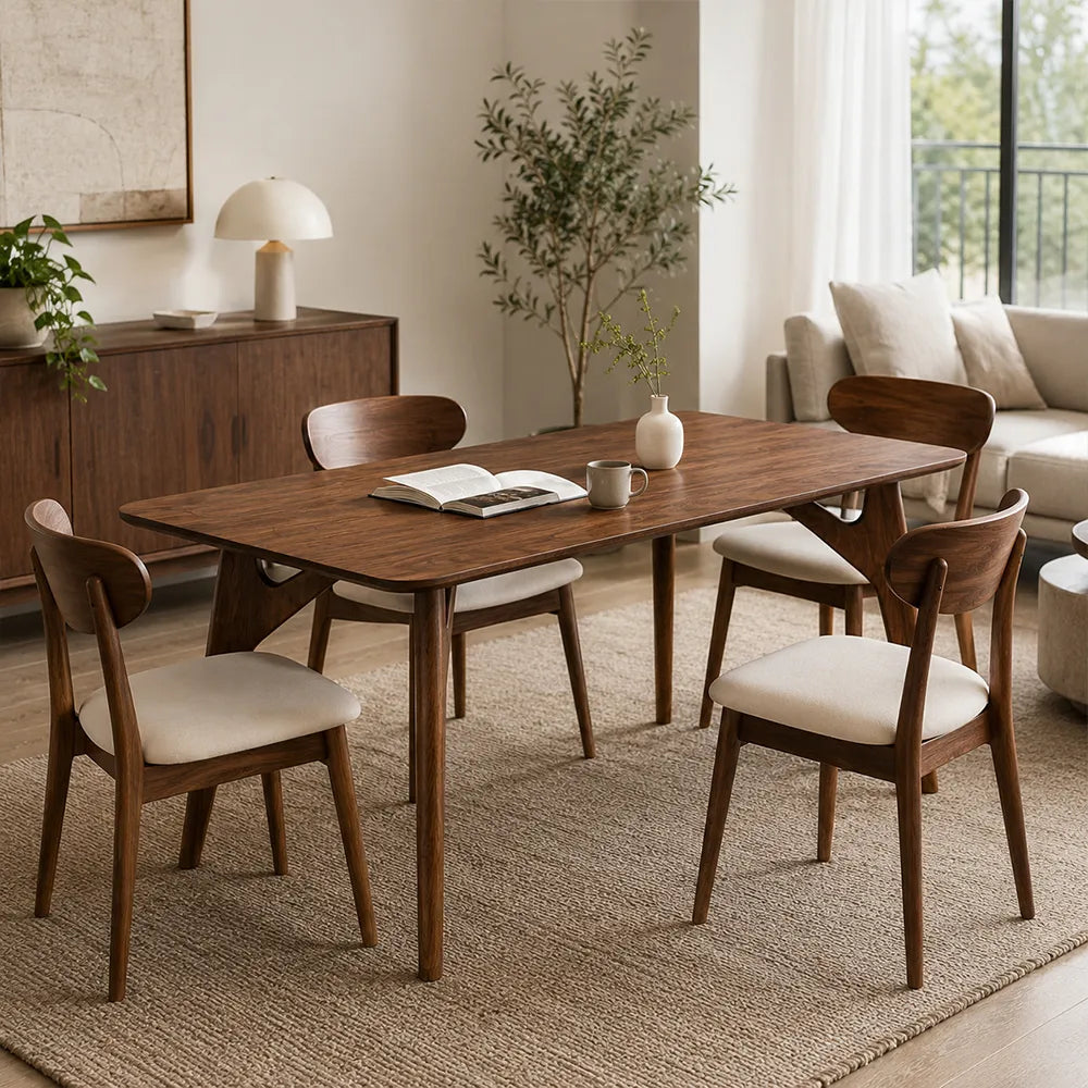 LUXORA Modern Rectangular Solid New Zealand Pine Wood Dining Table Natural Grain Rounded Edges Sturdy Construction 120/140cm - Walnut