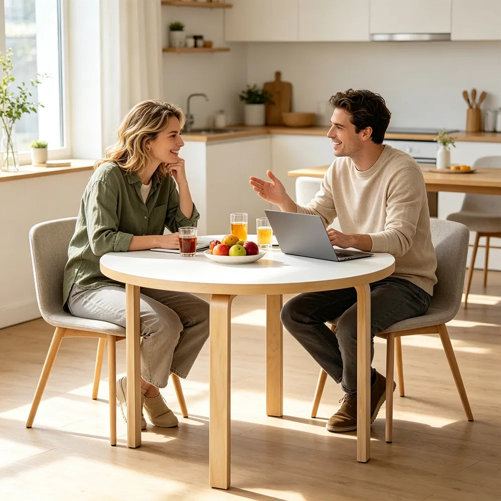 LUXORA Modern Round Dining Table 100cm White Tabletop Four Solid Wood Legs Smooth Rounded Edges - White