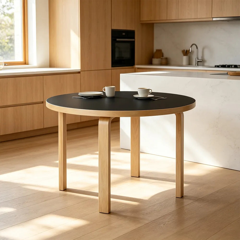 LUXORA Modern Round Dining Table 100cm White Tabletop Four Solid Wood Legs Smooth Rounded Edges - Black