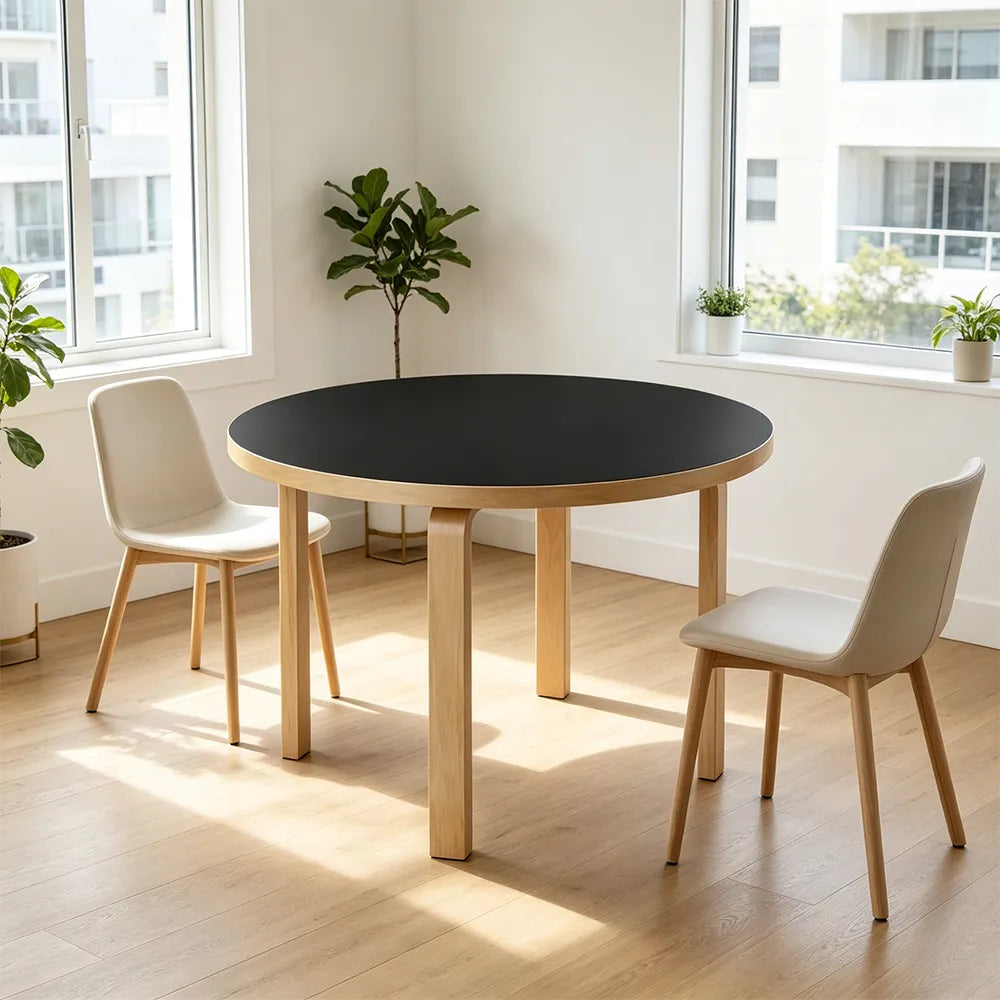 LUXORA Modern Round Dining Table 100cm White Tabletop Four Solid Wood Legs Smooth Rounded Edges - Black