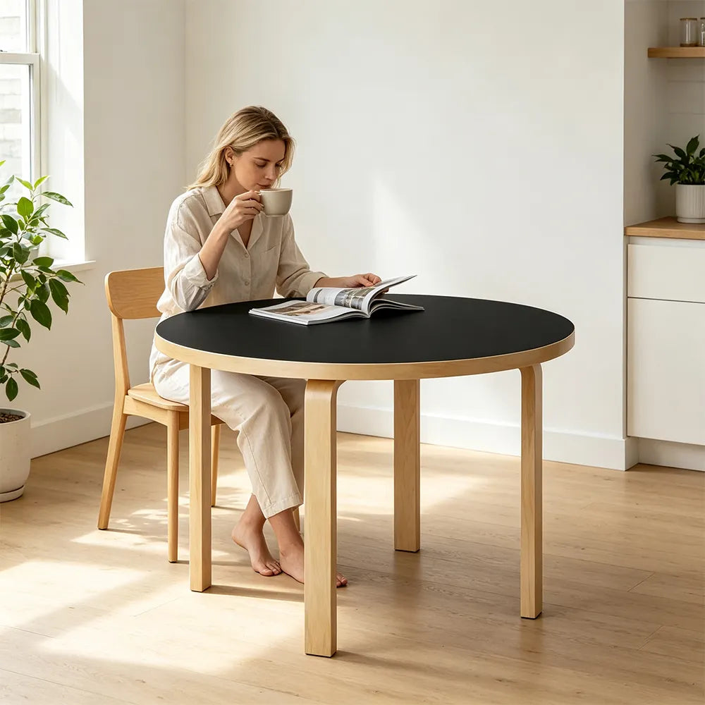 LUXORA Modern Round Dining Table 100cm White Tabletop Four Solid Wood Legs Smooth Rounded Edges - Black