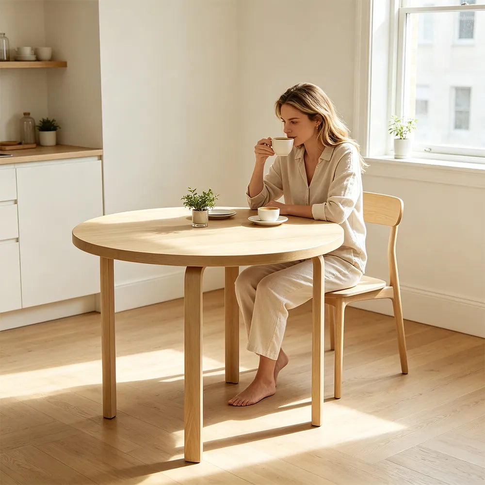 LUXORA Modern Round Dining Table 100cm White Tabletop Four Solid Wood Legs Smooth Rounded Edges - Wood