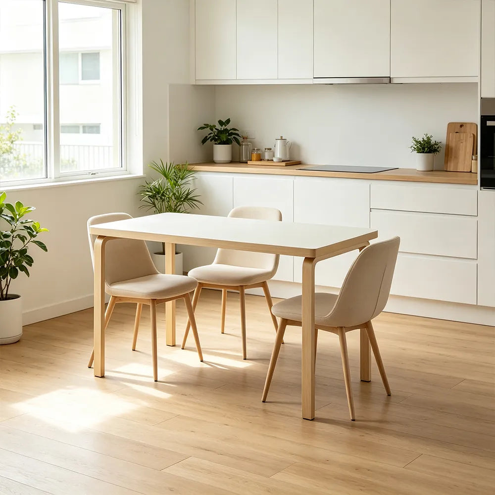 LUXORA Modern Rectangular Dining Table 120cm White Tabletop Curved Wooden Legs Multi-Purpose Design - White