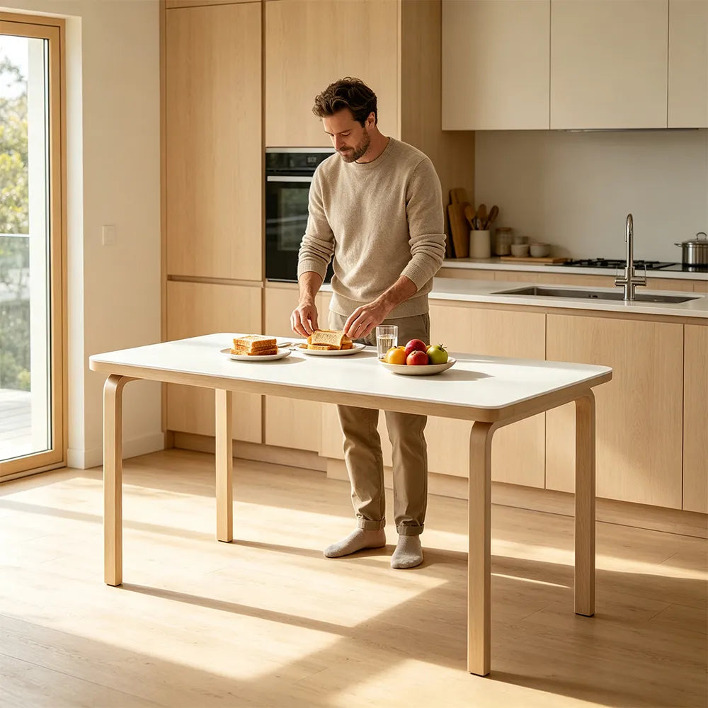 LUXORA Modern Rectangular Dining Table 120cm White Tabletop Curved Wooden Legs Multi-Purpose Design - White