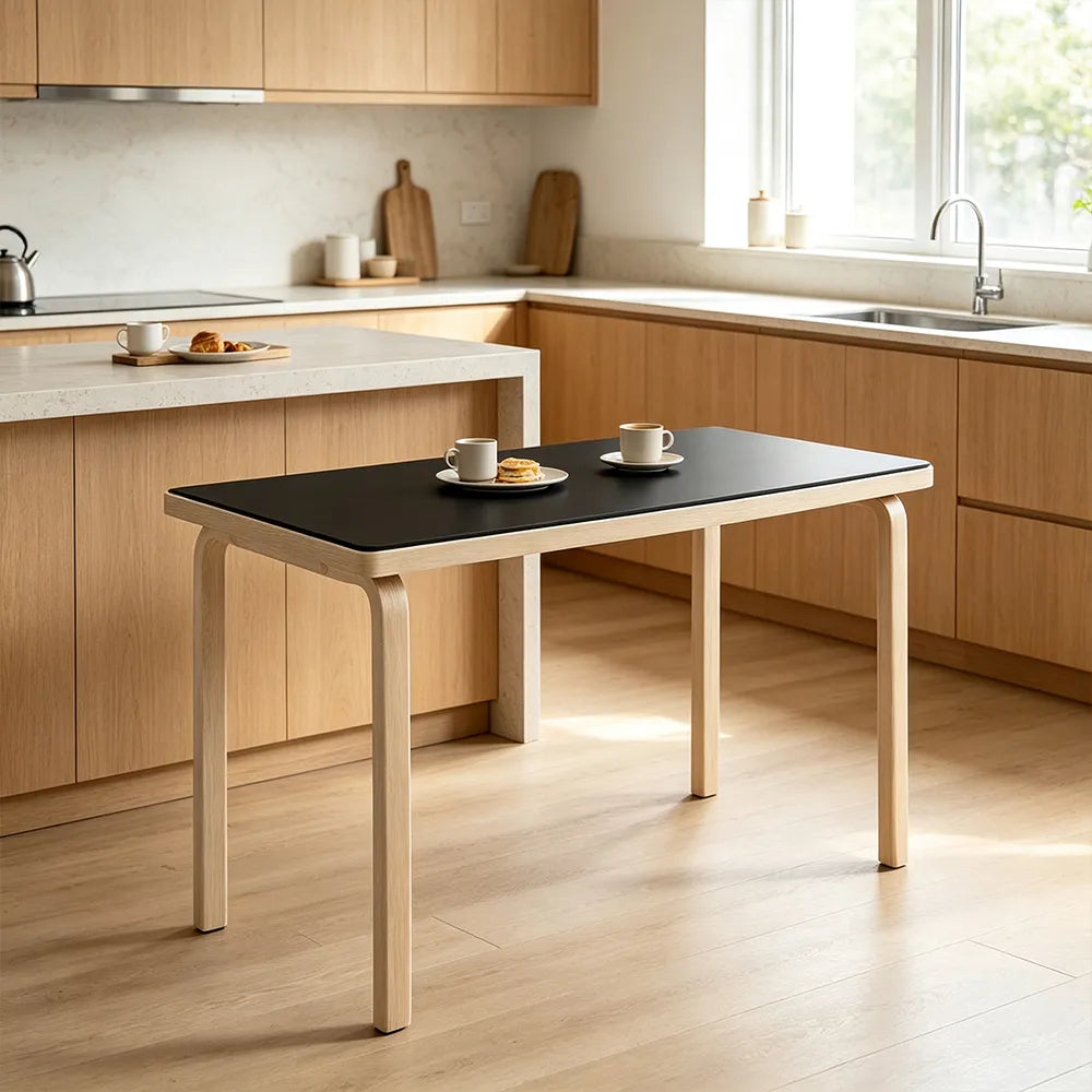 LUXORA Modern Rectangular Dining Table 120cm White Tabletop Curved Wooden Legs Multi-Purpose Design - Black