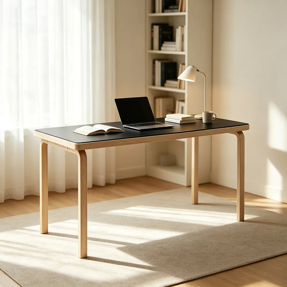LUXORA Modern Rectangular Dining Table 120cm White Tabletop Curved Wooden Legs Multi-Purpose Design - Black