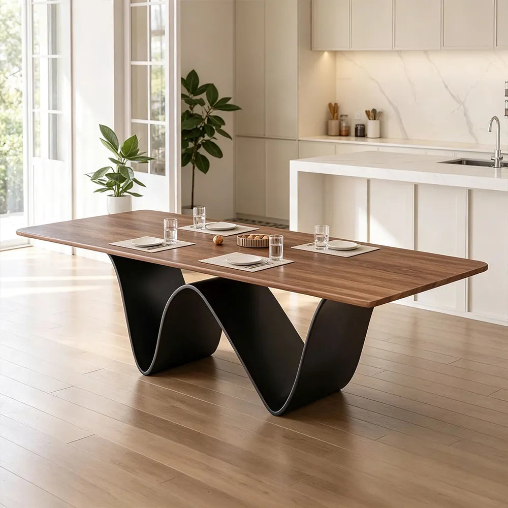 LUXORA Modern Rectangular New Zealand Pine Dining Table with Natural Wood Grain Top, Sculptural Wave Shaped Metal Pedestal Base, 140/160cm - Walnut Black