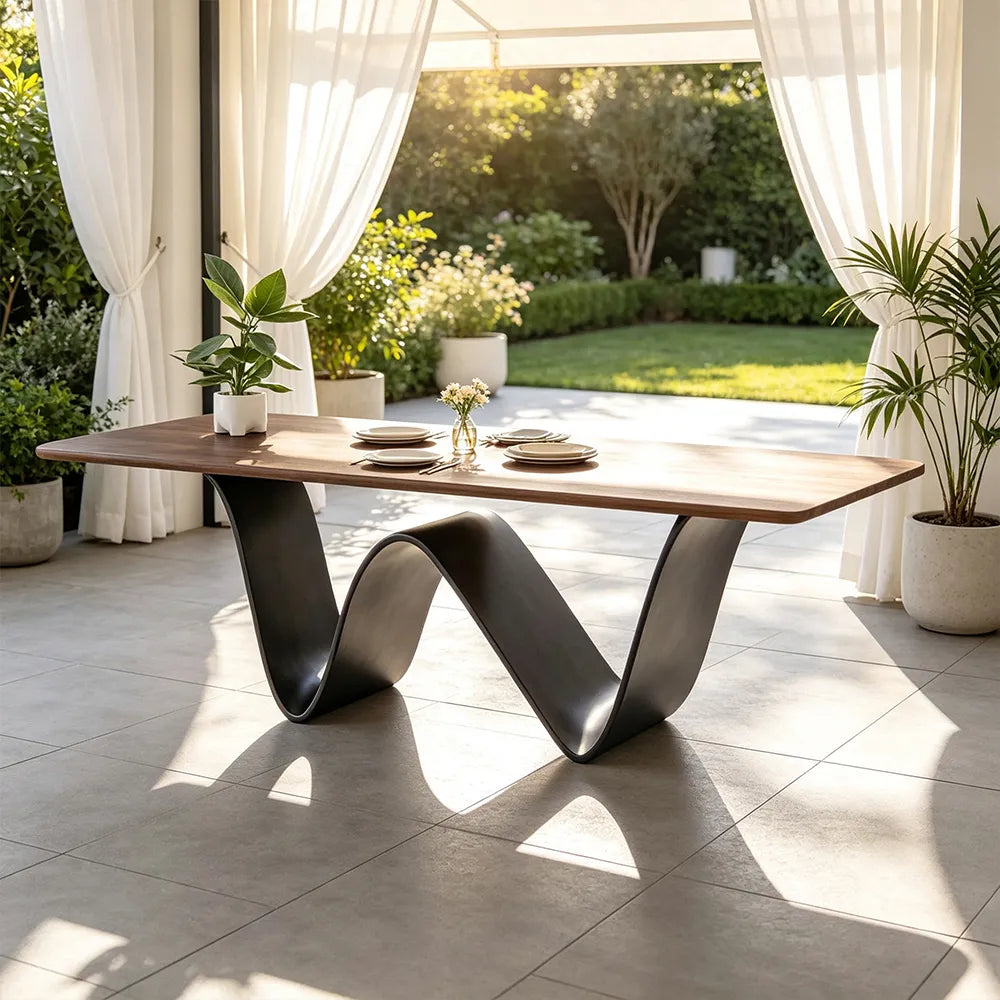 LUXORA Modern Rectangular New Zealand Pine Dining Table with Natural Wood Grain Top, Sculptural Wave Shaped Metal Pedestal Base, 140/160cm - Walnut Black