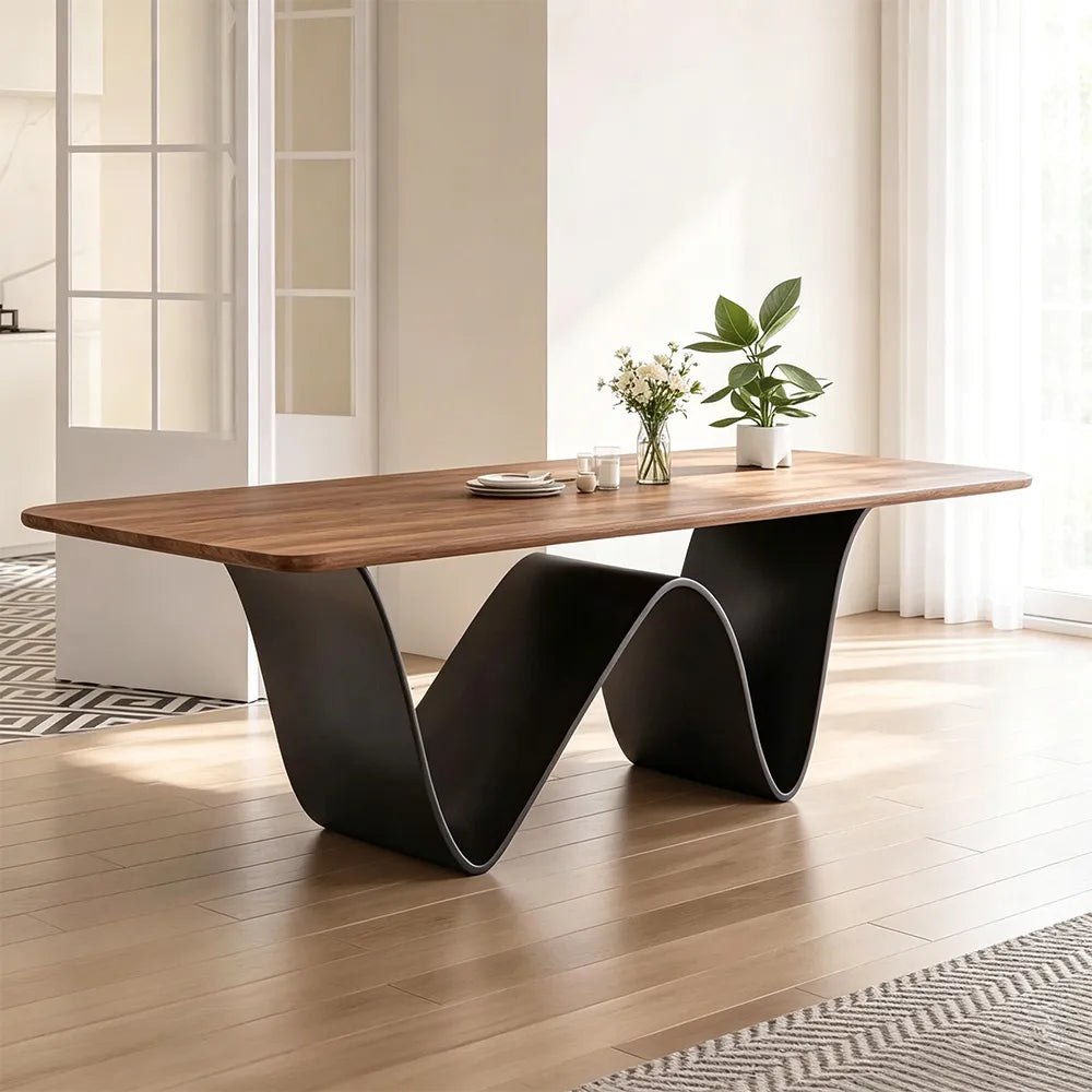LUXORA Modern Rectangular New Zealand Pine Dining Table with Natural Wood Grain Top, Sculptural Wave Shaped Metal Pedestal Base, 140/160cm - Walnut Black