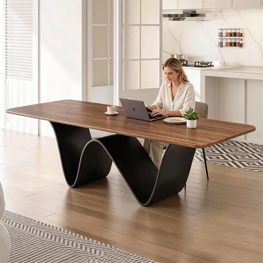 LUXORA Modern Rectangular New Zealand Pine Dining Table with Natural Wood Grain Top, Sculptural Wave Shaped Metal Pedestal Base, 140/160cm - Walnut Black