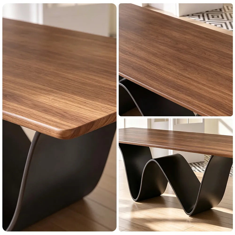 LUXORA Modern Rectangular New Zealand Pine Dining Table with Natural Wood Grain Top, Sculptural Wave Shaped Metal Pedestal Base, 140/160cm - Walnut Black