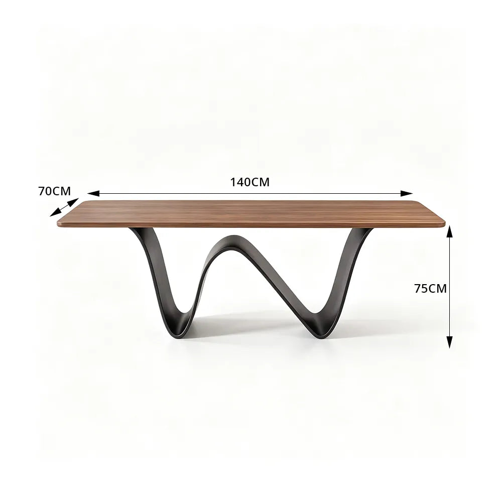 LUXORA Modern Rectangular New Zealand Pine Dining Table with Natural Wood Grain Top, Sculptural Wave Shaped Metal Pedestal Base, 140/160cm - Walnut Black