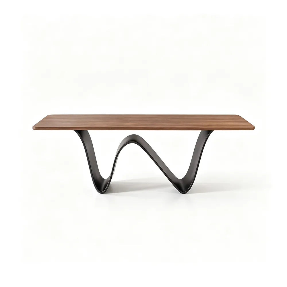 LUXORA Modern Rectangular New Zealand Pine Dining Table with Natural Wood Grain Top, Sculptural Wave Shaped Metal Pedestal Base, 140/160cm - Walnut Black