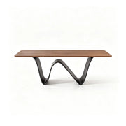 LUXORA Modern Rectangular New Zealand Pine Dining Table with Natural Wood Grain Top, Sculptural Wave Shaped Metal Pedestal Base, 140/160cm - Walnut Black