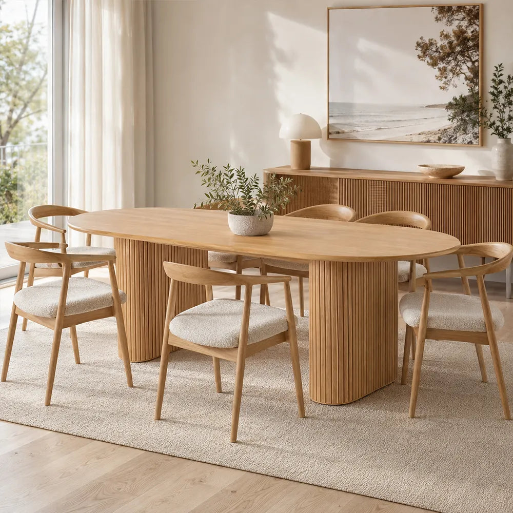 LUXORA Modern Irregular Solid Wood Dining Table with Organic Rounded Top, Sculptural Fluted Panel Pedestal Legs, New Zealand Pine, 140/160cm - Natural Wood