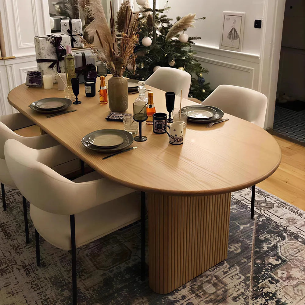 LUXORA Modern Irregular Solid Wood Dining Table with Organic Rounded Top, Sculptural Fluted Panel Pedestal Legs, New Zealand Pine, 140/160cm - Natural Wood