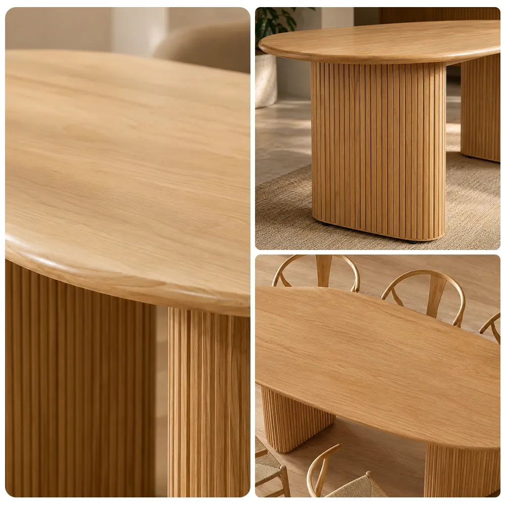 LUXORA Modern Irregular Solid Wood Dining Table with Organic Rounded Top, Sculptural Fluted Panel Pedestal Legs, New Zealand Pine, 140/160cm - Natural Wood