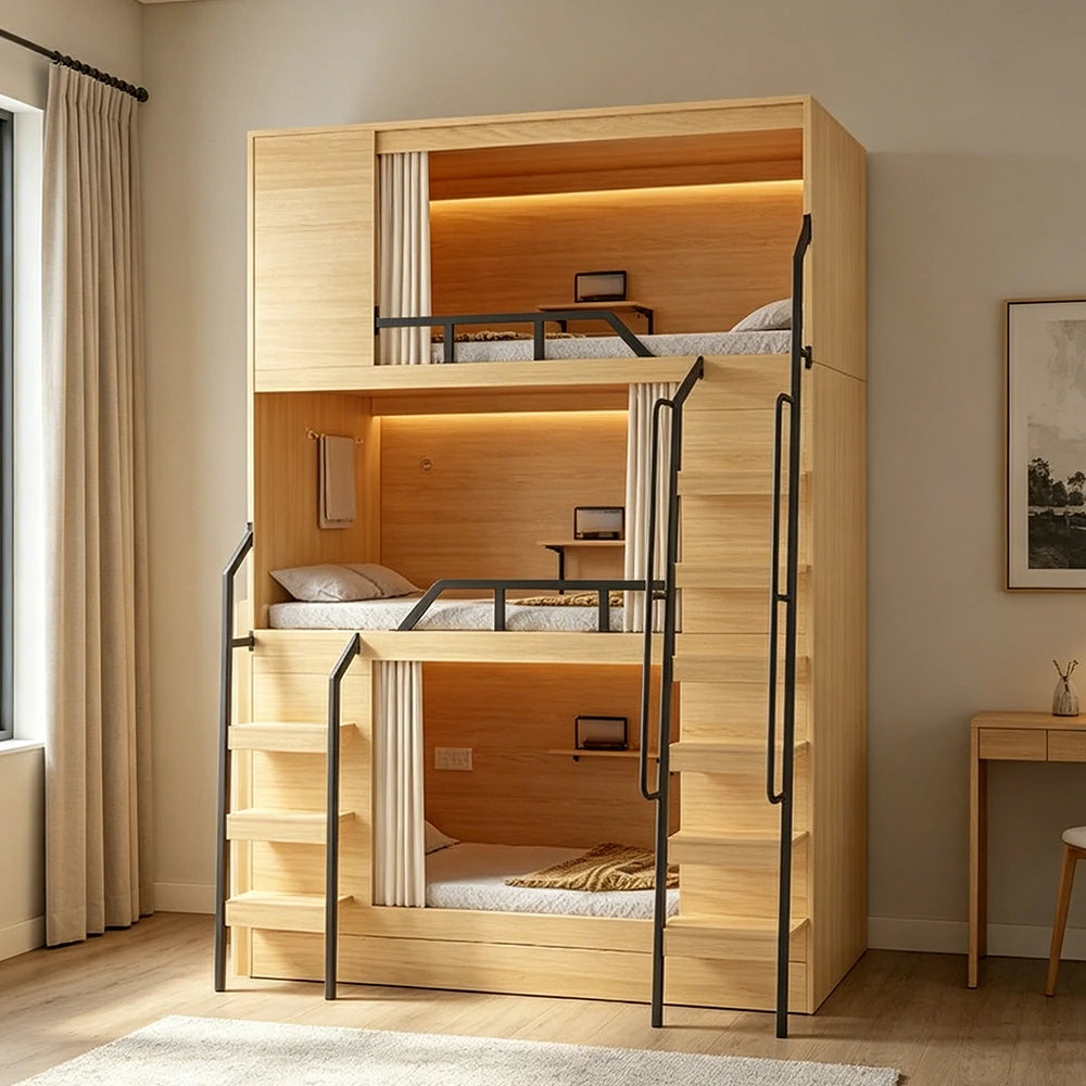 LUXORA Triple Bunk Bed Steel Frame with Foldable Desk Heavy Duty 90/100/120cm Dormitory Apartment Space Saving