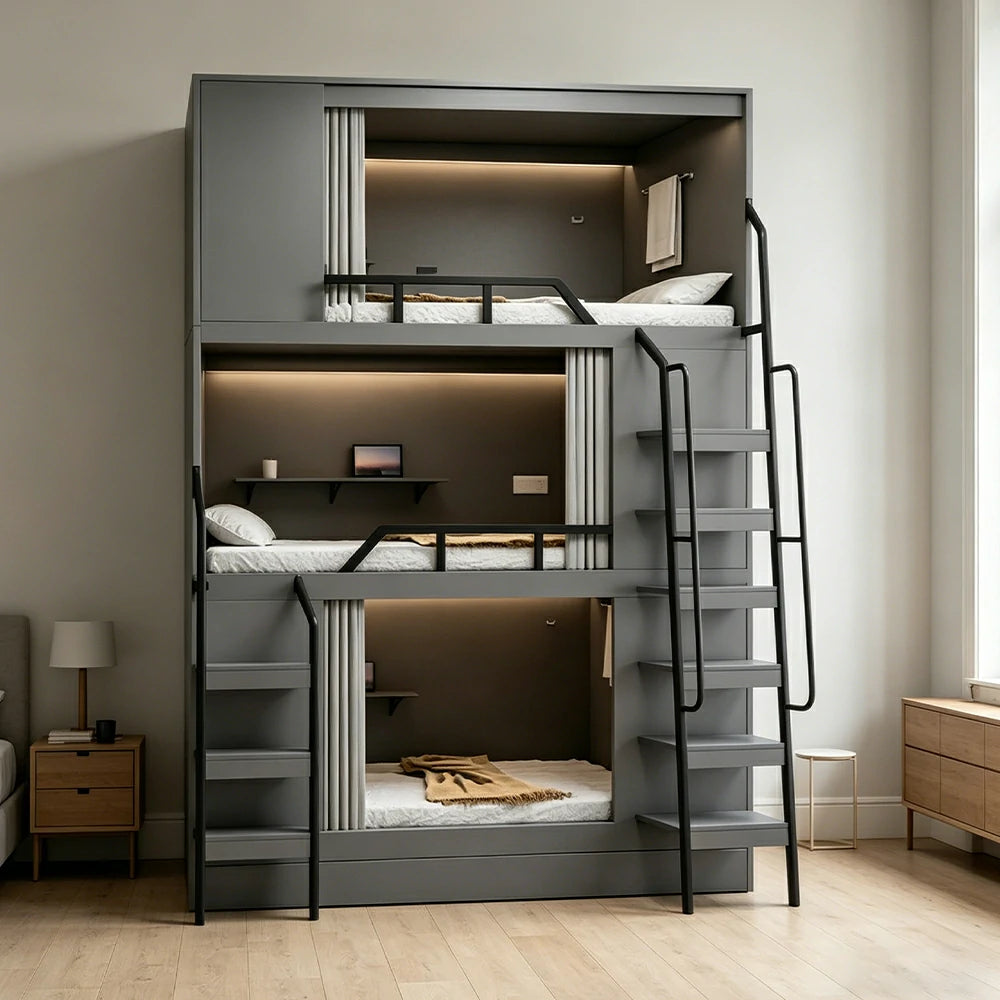 LUXORA 3 Tier Bunk Bed with Desk and Storage Steel Frame 90/100/120cm Space Saving for Dorm Gaming Apartment
