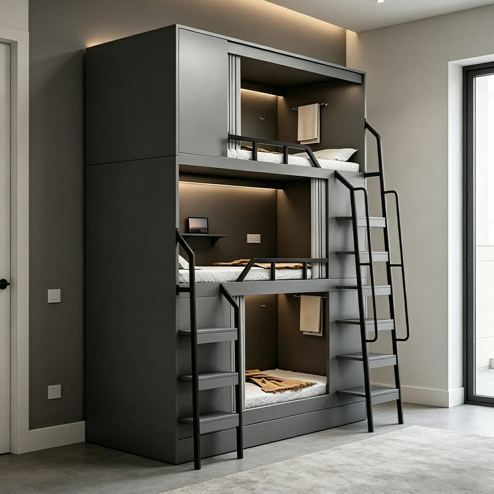 LUXORA 3 Tier Bunk Bed with Desk and Storage Steel Frame 90/100/120cm Space Saving for Dorm Gaming Apartment