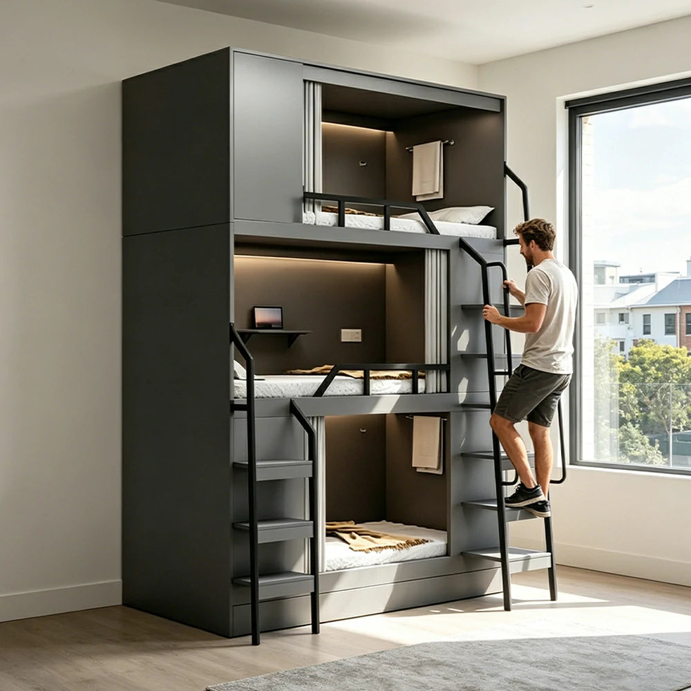 LUXORA 3 Tier Bunk Bed with Desk and Storage Steel Frame 90/100/120cm Space Saving for Dorm Gaming Apartment