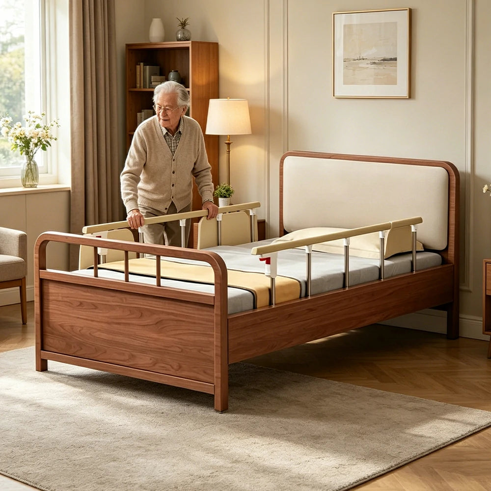 LUXORA Electric Solid Wood Care Bed Adjustable Backrest High-density Cushion 100/120/150cm for Elderly Home Bedroom Use - Walnut