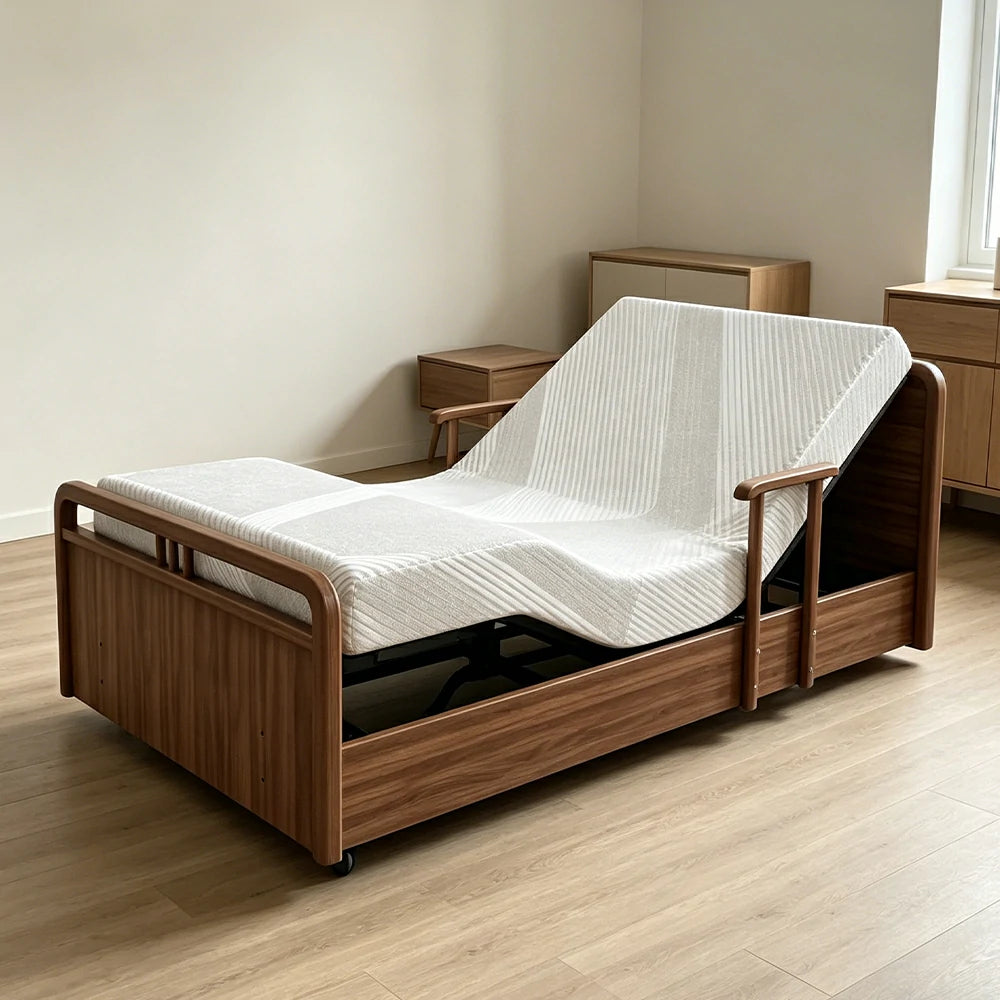 LUXORA Solid Wood Electric Care Bed Remote Control Adjustable Backrest High-density Mattress 100/120/150cm for Elderly Home Bedroom Use - Walnut