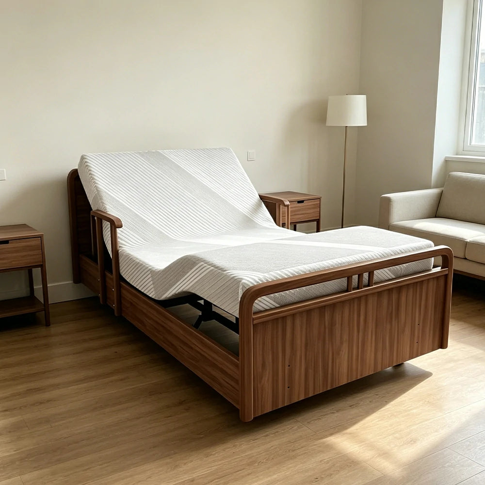 LUXORA Solid Wood Electric Care Bed Remote Control Adjustable Backrest High-density Mattress 100/120/150cm for Elderly Home Bedroom Use - Walnut