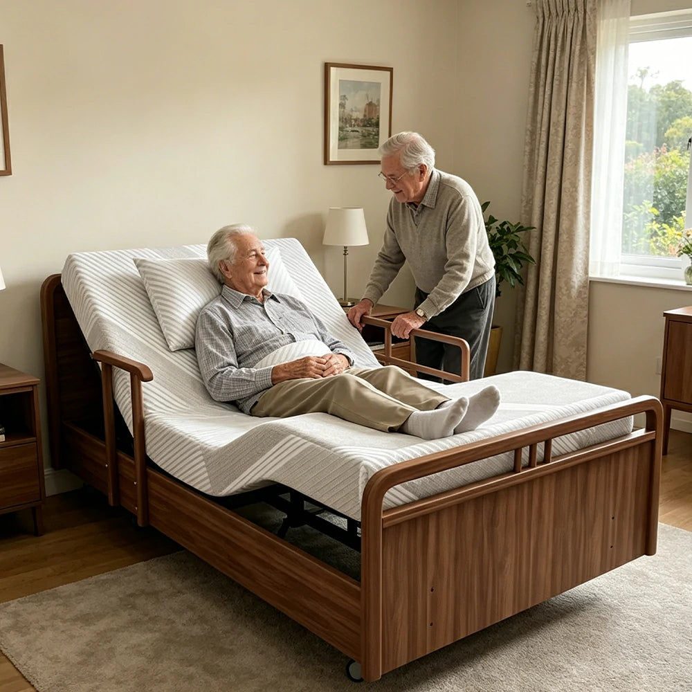 LUXORA Solid Wood Electric Care Bed Remote Control Adjustable Backrest High-density Mattress 100/120/150cm for Elderly Home Bedroom Use - Walnut
