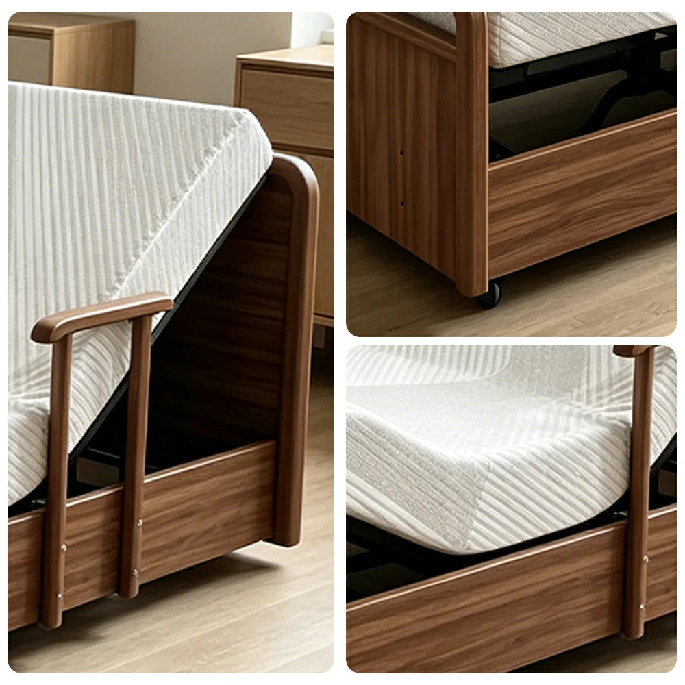 LUXORA Solid Wood Electric Care Bed Remote Control Adjustable Backrest High-density Mattress 100/120/150cm for Elderly Home Bedroom Use - Walnut